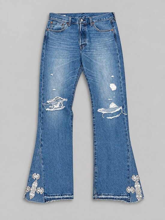 Levis Strauss Denim - Levi's 501 distressed rare limited 150th anniversary blue jeans custom embellish